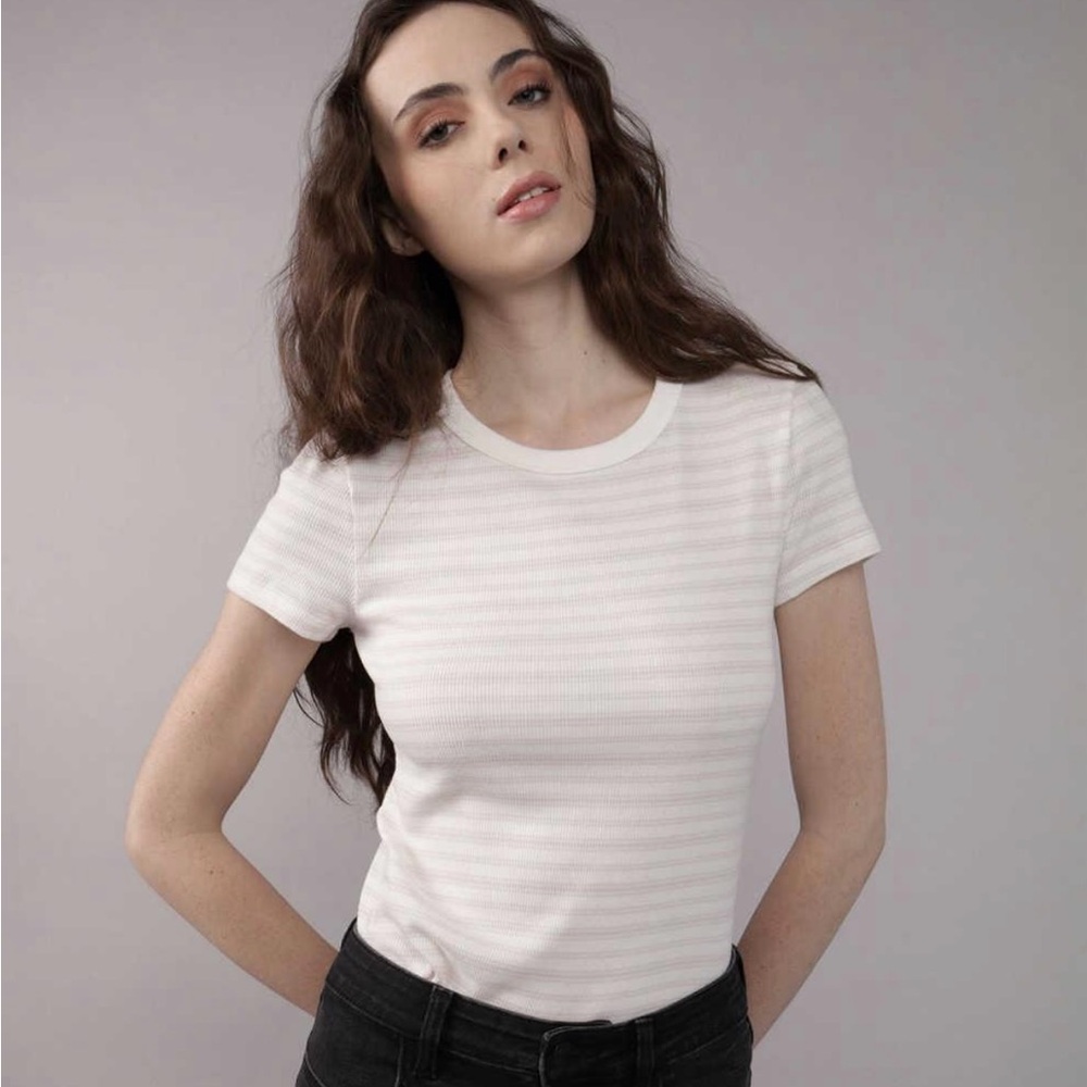 American Eagle Striped Hey Baby Tee - Pastel Orchid - Size Small